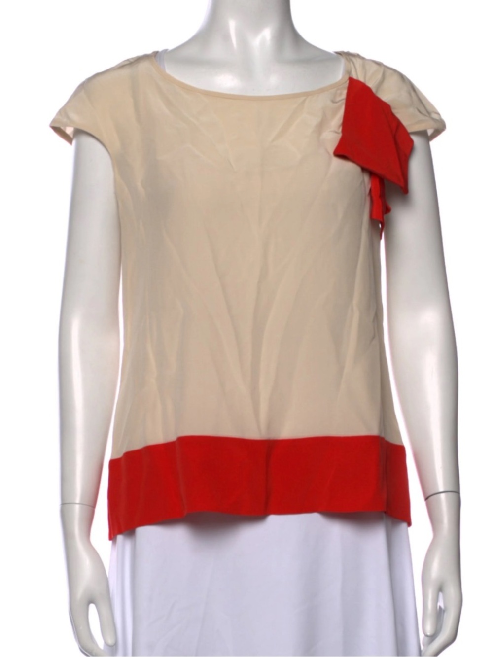 Caroline Herrera Silk Cream Orange Bow Blouse cap sleeve Size 2